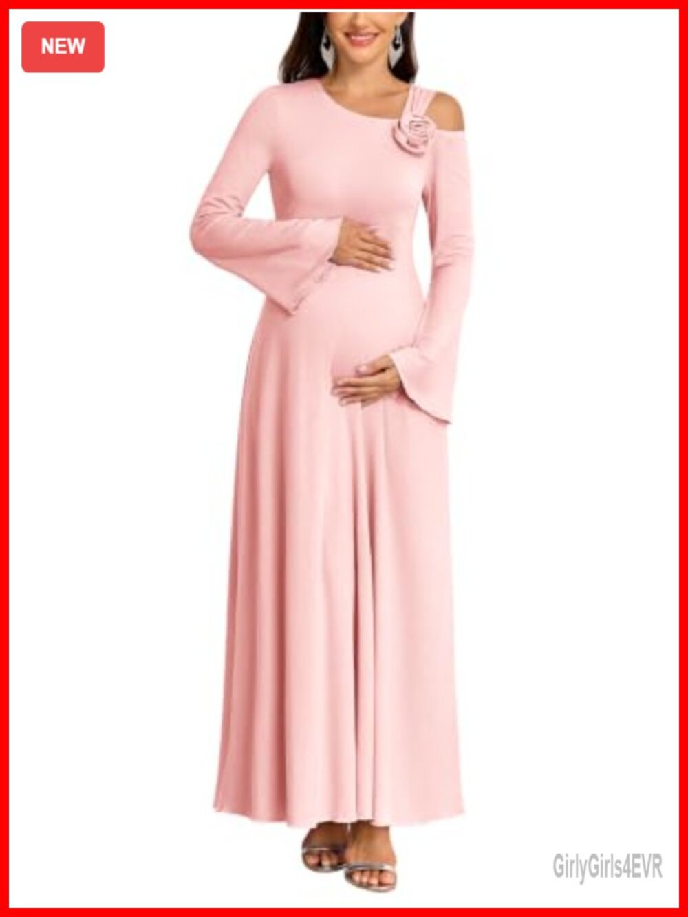 Maternity Maxi Dress One Shoulder 3D Flower Bell Sleeve A-Line